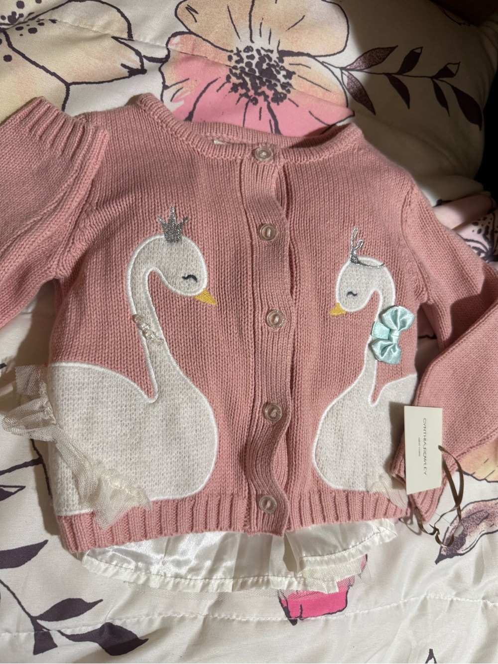 Cynthia Rowley Pink Sweater Cardigan with White Swan Appliqués